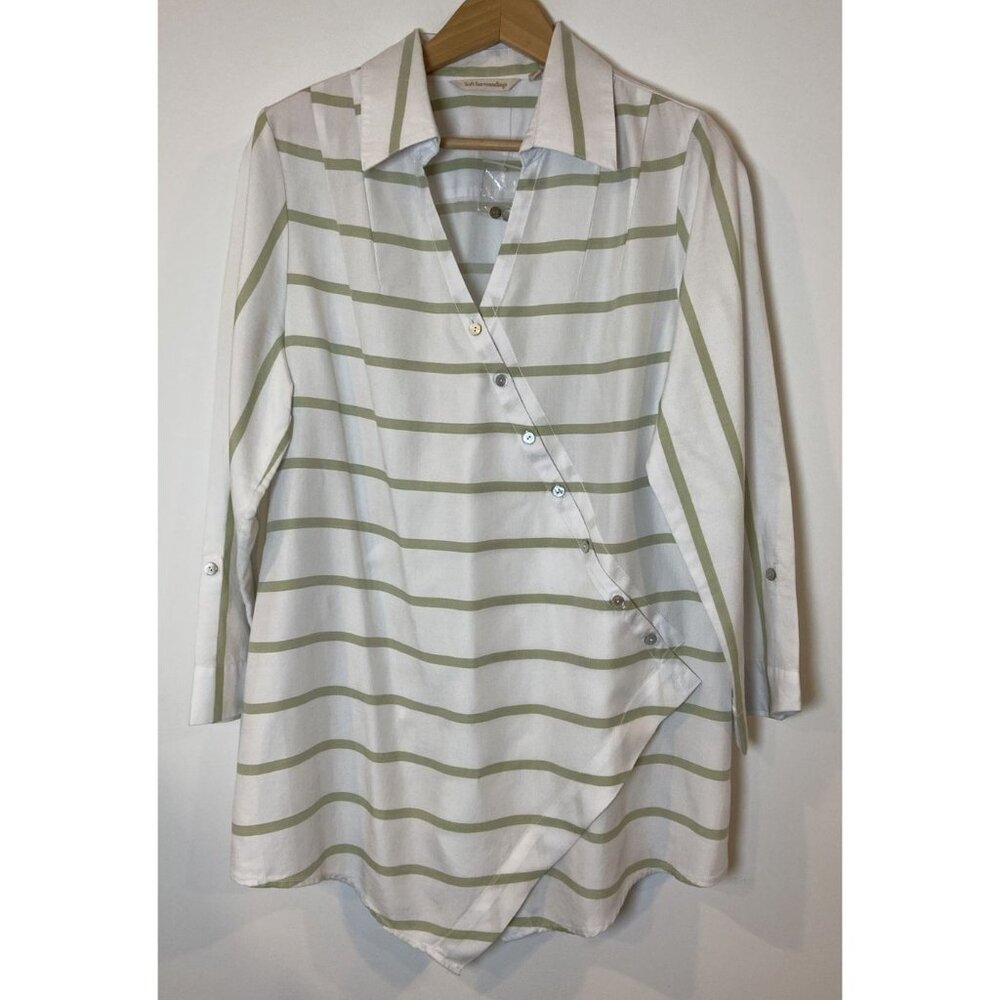 NWOT Soft Surroundings Shirt Blouse Asymentrical Cream Green Stripe L New